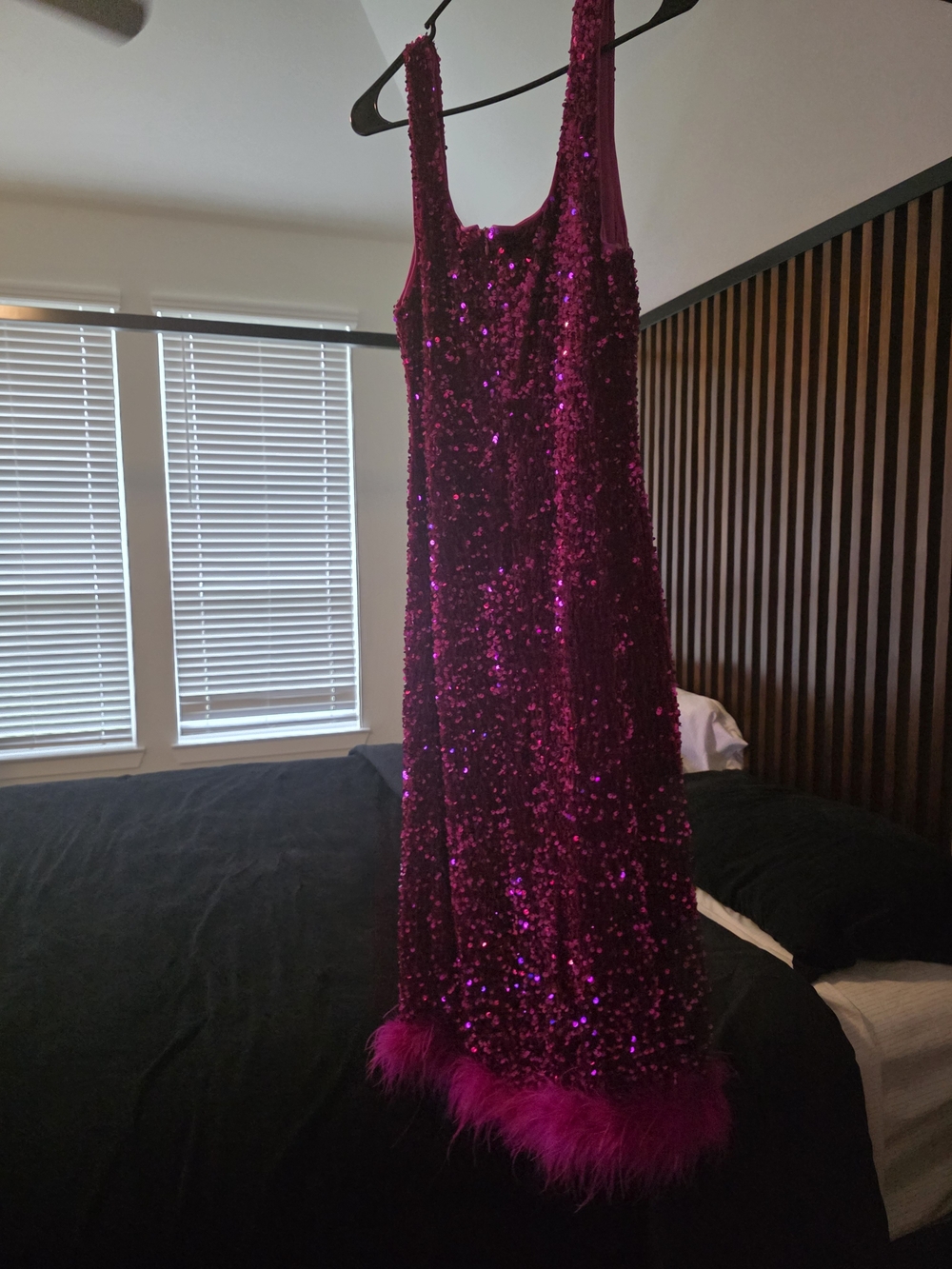 Fashion Nova Hot Pink Sequin Midi Dress with Feather Hem - Picture 3 of 5